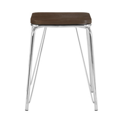 Orsina Sturdy And Reliable Chrome Metal And Elm Small Wood Stool, Small Square Stool, Accent Wooden Stool For Home - image 1