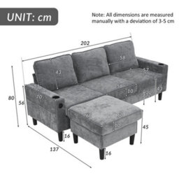 Abrihome L-Shaped Couch Sofa, Corner Sofa 3 Seater Sofa, Sectional Sofa Couches With Usb, Cup Holder, For Apartment Living Room, Grey - thumbnail 7