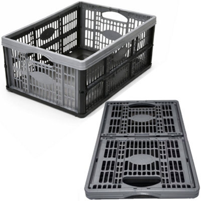 KetoPlastics Folding Crate Silver / Black Fold Flat Plastic Boxes For Home Organisation, Laundry, Shopping, Car, Garage & Wardrobe Pack Of 2 - image 1