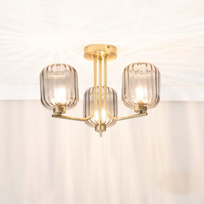 Valuelights Amelie Gold 3 Way Ceiling Light With Smoked Ribbed Glass Shades - image 1