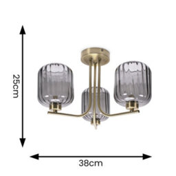 Valuelights Amelie Gold 3 Way Ceiling Light With Smoked Ribbed Glass Shades - thumbnail 9