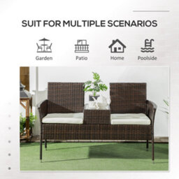Outsunny Rattan Garden Bench W/ Glass Tea Table, Wicker Chair W/ Cushions, Brown - thumbnail 7