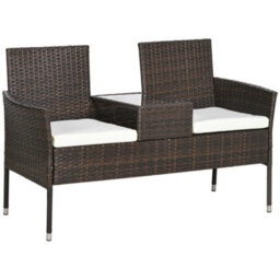 Outsunny Rattan Garden Bench W/ Glass Tea Table, Wicker Chair W/ Cushions, Brown - thumbnail 2