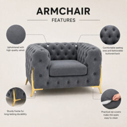 Stratus Interiors Italian Luxury Chesterfield Plush Velvet Sofa, Deep Button Tufted Living Room Statement Chair With Gold Legs - Steel - Armchair - thumbnail 2