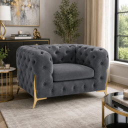 Stratus Interiors Italian Luxury Chesterfield Plush Velvet Sofa, Deep Button Tufted Living Room Statement Chair With Gold Legs - Steel - Armchair