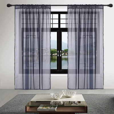 "Neel Blue Voile Curtains Slot Top, 2 Curtains, Navy Blue - 56"" Width X 81"" Drop" - image 1