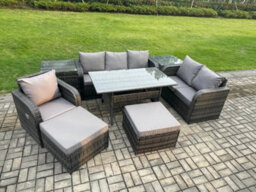 Fimous 8 Piece Rattan Garden Furniture Set With Patio Sofa Dining Table 2 Side Tables 2 Big Footstool Indoor Patio Set - thumbnail 2