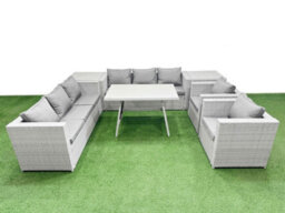 Fimous 8 Seater Garden Furniture Set Pe Ratten Garden Sofa Set With Rectangular Dining Table 2 Side Tables Light Grey - thumbnail 1