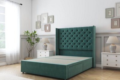 "Sloomy Dior Emerald Plush Divan Bed Base No Drawers With 54"" Wingback Headboard 4'6 Double" - image 1