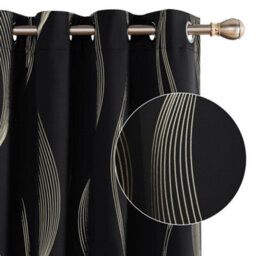 Deconovo Blackout Eyelet Curtains Thermal Insulated Gold Wave Line Foil Printed Curtains For Bedroom 46X54 Inch Black 2 Panels - thumbnail 1