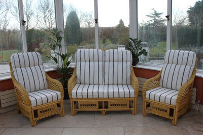 Garden Market Place Gardenmarketplace Portofino Cane Conservatory Furniture 3 Piece Suite - 2 Chairs And A Sofa- Striped Fabric