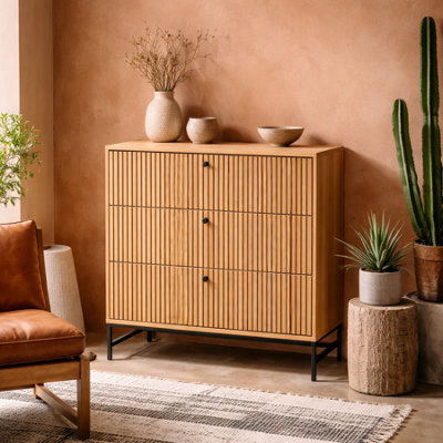 Wyld Haus Bjork Wide 3-Drawer Chest In Natural Oak Effect With Matt Black Base - image 1