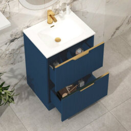 Royal Bathrooms Evora 600mm Midnight Blue Fluted Floor Standing Bathroom Vanity Unit 2 Drawer Cabinet With Ceramic Basin & Brushed Brass Handles - thumbnail 5