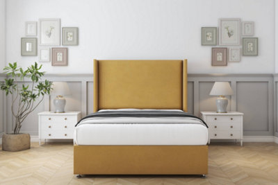 "Sloomy Devonshire Mustard Plush Divan Bed With Mattress No Drawers With 54"" Wingback Headboard 4'6 Double" - image 1