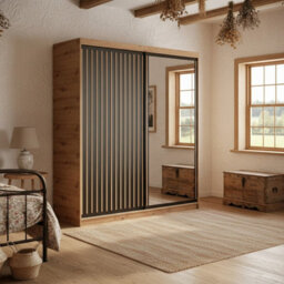 Delia 180 Sliding Wardrobe With Mirror And Slats Artisan With Black - thumbnail 1