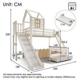 Abrihome Kids Bunk Bed With Slide & Storage - Wooden Treehouse Cabin Bed, Twin Size (90+135)X190Cm, White Solid Wood - thumbnail 4