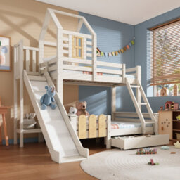 Abrihome Kids Bunk Bed With Slide & Storage - Wooden Treehouse Cabin Bed, Twin Size (90+135)X190Cm, White Solid Wood - thumbnail 2