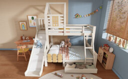 Abrihome Kids Bunk Bed With Slide & Storage - Wooden Treehouse Cabin Bed, Twin Size (90+135)X190Cm, White Solid Wood - thumbnail 9