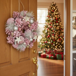 Urbn-Living Urbnliving 25Cm Pink & Silver Christmas Wreath Festive Decoration With Jute Hanger Traditional Pinecone Décor - thumbnail 2