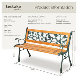 Tectake Garden Bench Marina - 2-Seater, Wood And Cast Iron, 124 X 52 X 74 Cm - Brown - thumbnail 6
