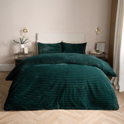 OHS Faux Fur Ribbed Fleece Duvet Cover Bedding Set, Green - King - image 1