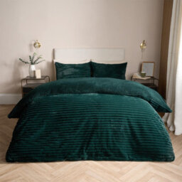 OHS Faux Fur Ribbed Fleece Duvet Cover Bedding Set, Green - King - thumbnail 1