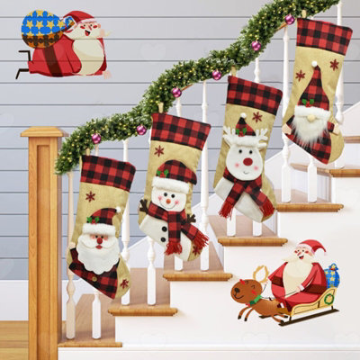 Amorly 4Pack Large Burlap Plaid Christmas Stockings, 46Cm, Printed With Santa, Snowman And Reindeer For Family Holiday Decor - image 1
