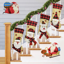 Amorly 4Pack Large Burlap Plaid Christmas Stockings, 46Cm, Printed With Santa, Snowman And Reindeer For Family Holiday Decor - thumbnail 1