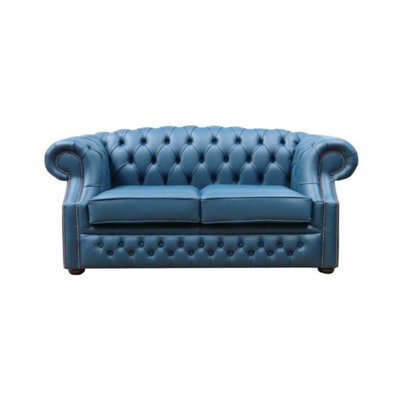 Chesterfield 2 Seater Sofa Majolica Blue Real Leather In Buckingham Style - image 1