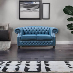 Chesterfield 2 Seater Sofa Majolica Blue Real Leather In Buckingham Style - thumbnail 4