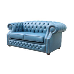 Chesterfield 2 Seater Sofa Majolica Blue Real Leather In Buckingham Style - thumbnail 5