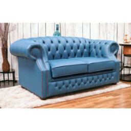 Chesterfield 2 Seater Sofa Majolica Blue Real Leather In Buckingham Style - thumbnail 6