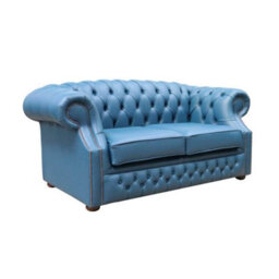 Chesterfield 2 Seater Sofa Majolica Blue Real Leather In Buckingham Style - thumbnail 3