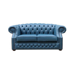 Chesterfield 2 Seater Sofa Majolica Blue Real Leather In Buckingham Style - thumbnail 1