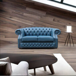 Chesterfield 2 Seater Sofa Majolica Blue Real Leather In Buckingham Style - thumbnail 2