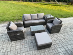 Fimous Outdoor Rattan Garden Furniture Set 6 Seater Patio Lounge Sofa Set With Reclining Chair Rectangular Coffee Table - thumbnail 2