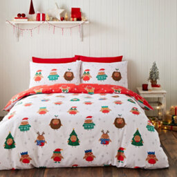 Catherine Lansfield Christmas Party Robins White Duvet Cover Set Double Bedding Set - thumbnail 1