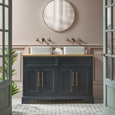 Homestylestore Black Grey And Oak 1210mm Bathroom Vanity Unit With 2 Square Countertop Basins And Brushed Copper T Bar Handles - image 1