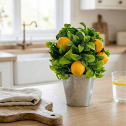 Candlelight Green & Yellow 23.5Cm Lemon Pot With Artificial Plant In Silver Tin Pot