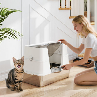 Pawhut Stainless Steel, Xl Cat Litter Tray, Dual Entry, Light Grey - image 1