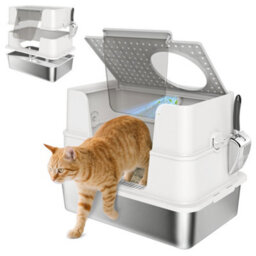 Pawhut Stainless Steel, Xl Cat Litter Tray, Dual Entry, Light Grey - thumbnail 2