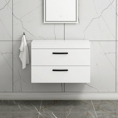 Royal Bathrooms 800mm Wall Hung Vanity Unit 2 Drawer Gloss White - Storage Cabinetwith Matt Black Handle - image 1