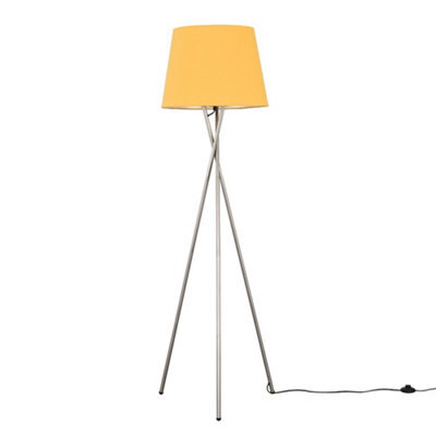 Valuelights Camden Brushed Chrome Tripod Floor Lamp With Mustard Tapered Shade
