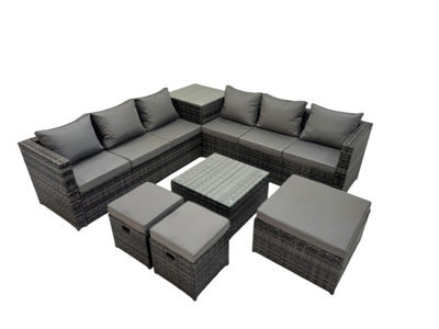 Fimous 9 Seater Garden Outdoor Rattan Furniture Set Patio Corner Sofa Coffee Table With 3 Stools Dark Grey - image 1