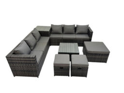 Fimous 9 Seater Garden Outdoor Rattan Furniture Set Patio Corner Sofa Coffee Table With 3 Stools Dark Grey - thumbnail 2