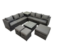 Fimous 9 Seater Garden Outdoor Rattan Furniture Set Patio Corner Sofa Coffee Table With 3 Stools Dark Grey - thumbnail 1