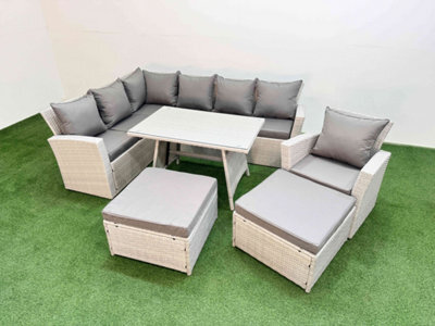 Fimous Garden Outdoor Rattan Furniture Set Rattan Corner Sofa Oblong Dining Table With Armchair 2 Big Footstools 9 Seater - image 1