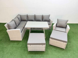 Fimous Garden Outdoor Rattan Furniture Set Rattan Corner Sofa Oblong Dining Table With Armchair 2 Big Footstools 9 Seater - thumbnail 2