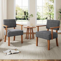 Accent Chair Linen Fabric Armchair With Wood Frame Upholstered Reading Chair - thumbnail 3