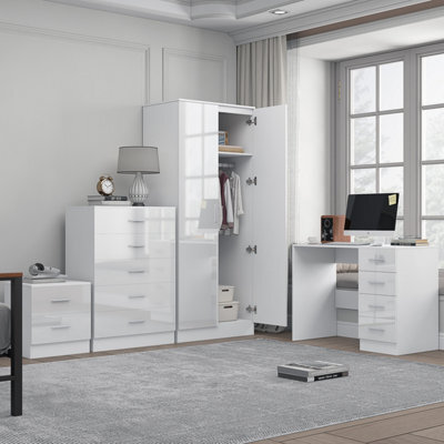 Reflect 2 Door Plain Wardrobe, 5 Drawer Chest, 2 Drawer Bedside & Desk - White Gloss & Matt White - Modern Bedroom Furniture Set - image 1